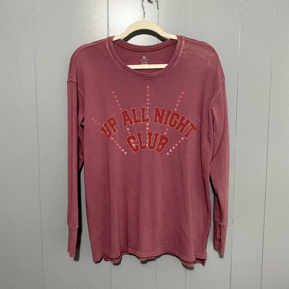 Aerie Offline Burgundy Up All Night Club Graphic Long Sleeve Crewneck T-Shirt S